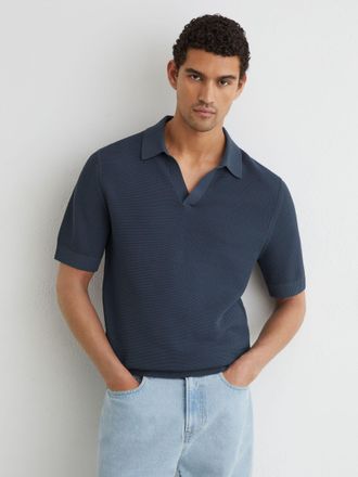 Reiss Steel Blue Cotton-blend Basket-stitch Open-collar Polo, Xxl