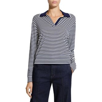 Theory Stripe Merino Wool Long Sleeve Polo in Deep Navy/new Ivory at Nordstrom, Size Medium