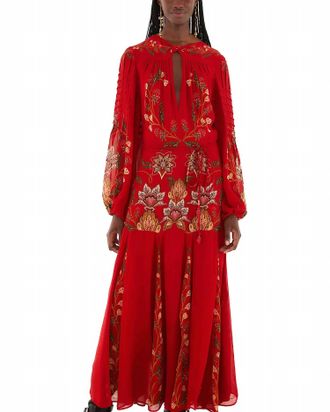 Farm Rio Berry Garden Long Sleeve Pleated Maxi Dress In Red