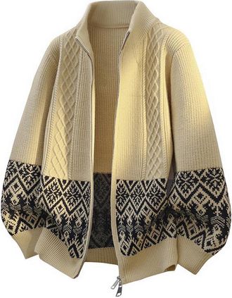 Generic Mens Christmas Cardigan Full Zip Stand Collar Christmas Jumper Men UK Novelty Nordic Knitted Fair Isle Style Pattern Xmas Cardigan Warm Long Sleeve Sw