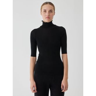 Majestic Filatures Wool Silk Micro Rib Elbow Sleeve Mock Neck in Noir at Nordstrom, Size 4