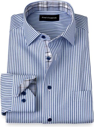 Paul Fredrick Tailored Fit Non-iron Cotton Stripe Dress Shirt With Contrast Trim