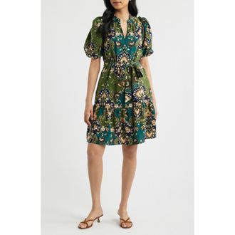 Vince Camuto Print Tie Waist Puff Sleeve Dress in Green Multi at Nordstrom, Size 12