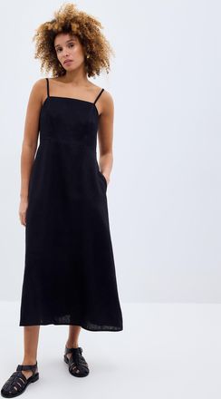 Contemporaine Womens Thin straps black linen midi dress
