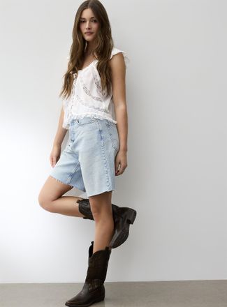 Free People Womens Montana frayed trim light blue denim Bermuda short