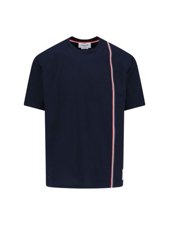 Thom Browne Navy Blue Cotton T-Shirt With Tricolor Detail And Classic Fit