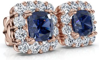 Pompeii3 1 1/2Ct Blue Sapphire & Diamond Cushion Halo Studs 14k Gold Earrings Lab Grown