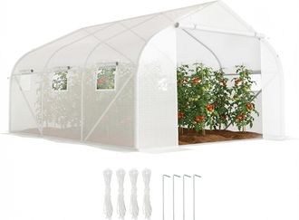 OEM Invernadero De T&uacute;nel 445x300x205 Cm Invernadero De Jard&iacute;n Con 6 Ventanas Y Cubierta De Polietileno Pe 140 G/m&sup2; Blanco
