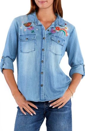 BILLY T Happy Place Embrodiered Denim Button-Up Shirt at Nordstrom, Size X-Large