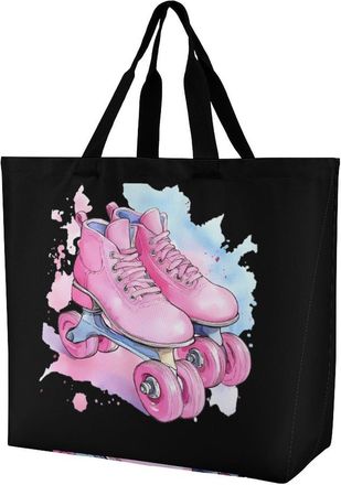 Generic Roller Skates Shoes Watercolor Large Reusable Shopping Bag Lightweight Foldable Tote Bags Washable Shoulder Handbag