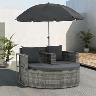 vidaXL Sof&aacute; De Jard&iacute;n 2 Plazas Con Cojines Y Sombrilla Rat&aacute;n Pe Gris Vidaxl