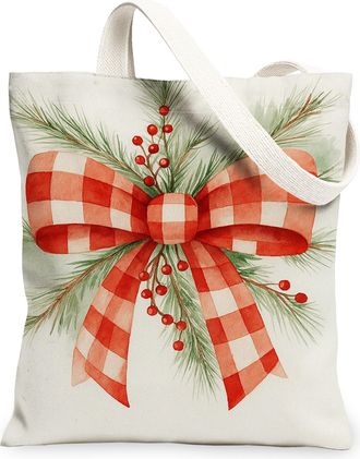 Generic Christmas Red Checkered Canvas Tote Bags, Festive Bow Design Reusable Grocery Bags, Winter Rustic Lightweight Washable Canv, Red, 13x15 Inch