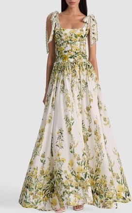 Alice & Olivia Haven Cotton & Silk Fit & Flare Maxi Dress in Fresh Air Butter at Nordstrom, Size 10