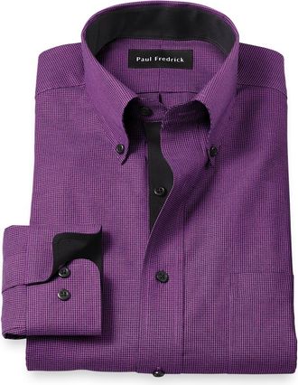 Paul Fredrick Tailored Fit Non-iron Cotton Houndstooth Dress Shirt With Contrast Trim