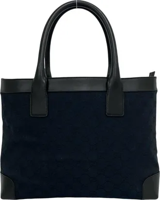 Gucci Black Navy Canvas Leather Handbag Tote Bag (Pre-Owned)