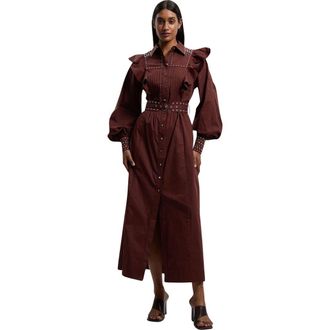 Karen Millen Cotton Studded Maxi Shirt Dress in Chocolate at Nordstrom, Size 10