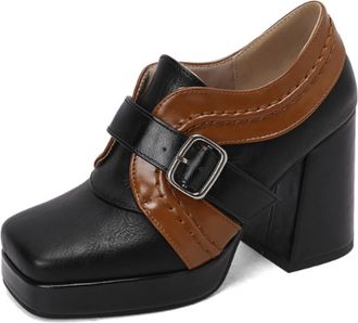 Generic Womens Platform Ankle Booties Square Toe High Chunky Heel Two Tone Design Buckle Strap Cushioned Insole Comfortable Non Slip Vintage Dress Shoes,Black