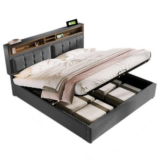 STILVORA Letto Contenitore 160 X 200 Cm In Lino, Letto Matrimoniale Con Spazio Di Archiviazione, Rete Regolabile, Led E Usb-c, Senza Materasso, Grigio