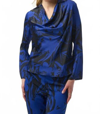 Joseph Ribkoff Floral Print Cowl Neck Long Sleeves Top In Black/royal Sapphire