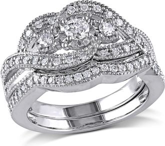 Mimi & Max 1/2ct TW Diamond Twist Split Shank Bridal Set Sterling Silver