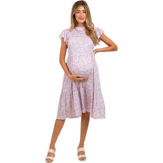 Pinkblush Floral Mock Neck Smocked Ruffe Sleeve Midi Dress at Nordstrom, Size Medium