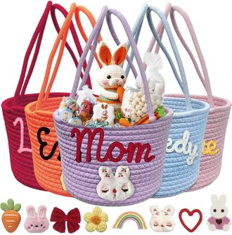 Generic 1PCS Personalized Easter Basket with Custom Name, Decorative Rabbit Pattern, Candy Tote Bag for Easter Egg Hunt, Gifts Basket, DIY Customised for Gift