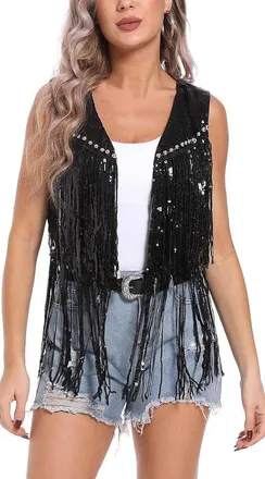 Feoya Womens Fringe Vest Sparkly Sequin Gilet Top Glitter Tassel Waistcoat for Women Shiny Open Front Cardigan Retro Vintage Hippie Sleeveless Jacket Sparkl