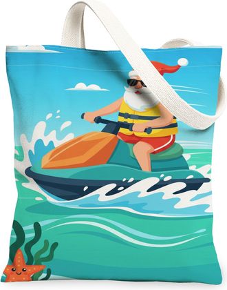 Generic Santa Water Sports Canvas Tote Bags, Holiday Fun Design Lightweight Washable Reusable Shopping Bags for Beach Travel Picnic, Blue, 13x15 Inch