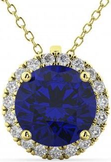 Allurez Halo Lab Blue Sapphire & Diamond Pendant Necklace 14k Yellow Gold (2.59ct)