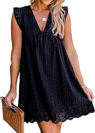 Generic California Romper Dress with Shorts, V-Neck Elegant Lace Short Skirt, Womens Ruffle Sleeve Sexy Casual Flowy Dresses (Black,3XL)