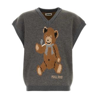 Magliano V-neck Knitwear, male, Gray, Size: XL Teddy Bear Vest