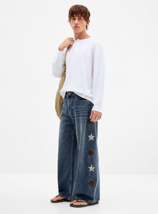 Djab Mens Embroidered star baggy jean Barrel fit Imported from Seoul