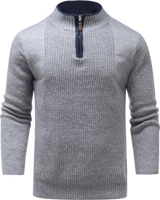 AlltheMen Mens Casual Quarter Zip Sweater Knitted Pullover Stand Collar Long Sleeve Winter Warm Coat Light Grey L