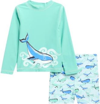 Little Me Kids Long Sleeve UPF 50+ Two-Piece Rashguard Swimsuit in Blue/Green Multi at Nordstrom, Size 6-9M
