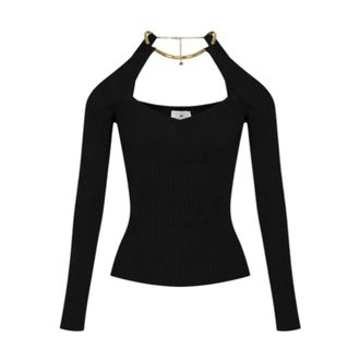 Elisabetta Franchi Long Sleeve Tops, female, Black, Size: XS Knit Top with Jewel Detail