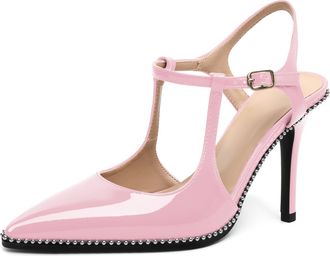 EDEFS Charming Womens Patent Leather Pumps 3.5 Inches Stiletto High Heels with Pointed Toe Ankle Strap & Beaded Accents for Office Wedding & Party Pink UK10