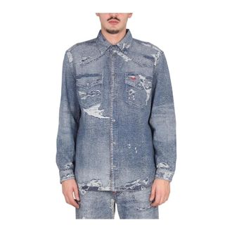 Diesel Denim Shirts, male, Blue, Size: M Distressed Denim Western Shirt