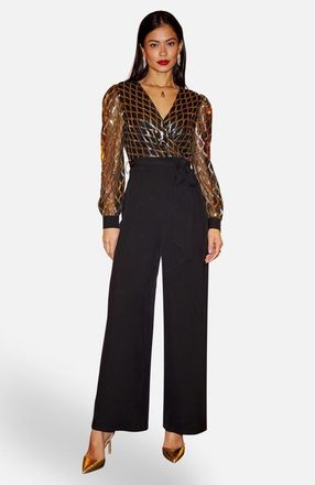 Yumi Sequin Wrap Over Jumpsuit in Black at Nordstrom, Size 10