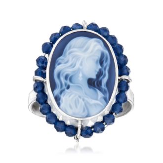 Ross-Simons Italian Black Agate Cameo Ring With Blue Spinel in Sterling Silver