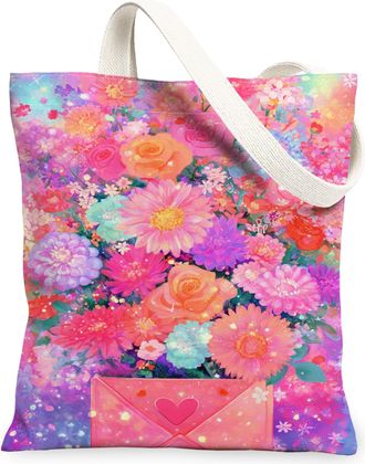 Generic Floral Canvas Tote Bags, Colorful Flower Design Reusable Bags, Spring Chic Lightweight Washable Canvas for Gym Travel Beach, Colorful, 13x15 Inch