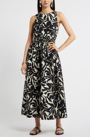 Nordstrom Smocked Waist Linen Blend Dress in Beige- Black Fira Bloom at Nordstrom, Size Xx-Small