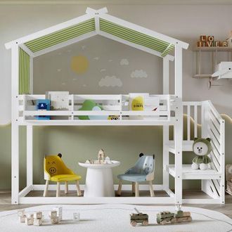Matteo Bunk bed, Teen Bed, Childrens bed MDF + Pinewood + Plywood, Decorative Canopy, Corner Staircase in White | Size: Double