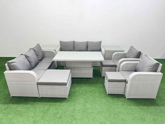 Fimous PE Rattan High Back Lounge Sofa Set Patio Adjustable Lifting Dining or Coffee Table & Chairs Set w/ 3 Seater Sofa Reclining Chair 3 Stools 2