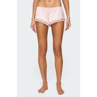 Edikted Clair Ruffle & Lace Satin Shorts in Light-Pink at Nordstrom, Size X-Large