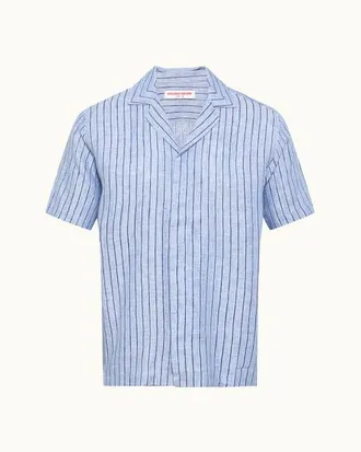 Orlebar Brown Maitan Lino Relaxed Fit Linen Stripe Shirt in Bergamo Blue Stripe at Nordstrom, Size Xxx-Large