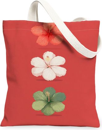 Generic Floral Canvas Tote Bags, Hibiscus Pattern Reusable Grocery Bags, Summer Vintage Bohemian Lightweight Washable Shoulder Stra, Red, 13x15 Inch
