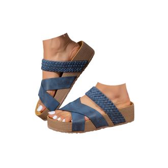 Generic Platform Slide Sandals for Women 2026 Casual Trendy Open Toe Elastic Cross Strap Sandals Suede Leather Flat Slippers with Arch Support Comfortable Sum