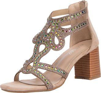 Generic Elegant Summer Bohemian Women Sandals with Sparkling Rhinestone and Comfortable Back Zipper Closure on Stylish Chunky Heel Design (A, 7.5)