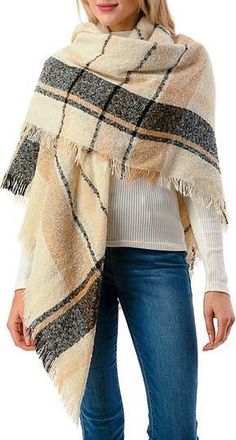 MARCUS ADLER Plaid Fringe Blanket Scarf in Camel at Nordstrom Rack