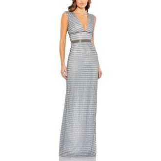Mac Duggal Beaded Cap Sleeve V Neck Column Gown in Silver at Nordstrom, Size 16